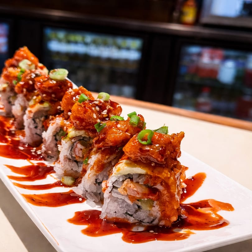 Spicy sushi rolls topped with crispy fried shrimp, green onions, and sesame seeds, drizzled with sauce.