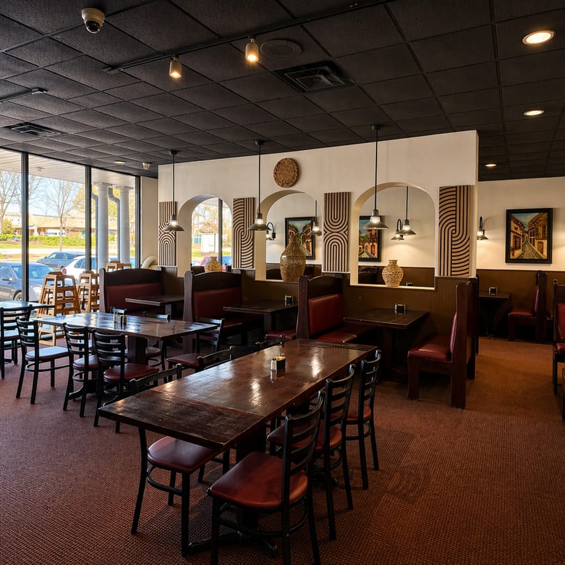 Spacious restaurant dining room with dark wood tables, booths, and chairs, featuring arched wall cutouts and large windows.