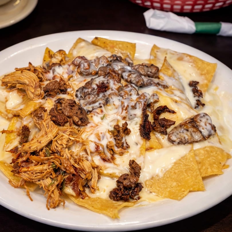 A plate of nachos with melted white cheese, shredded chicken, and steak pieces.
